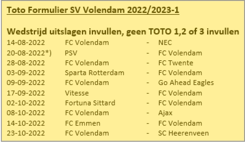 De toto is er ( voor de leden ) weer. Ga naar de toto pagina